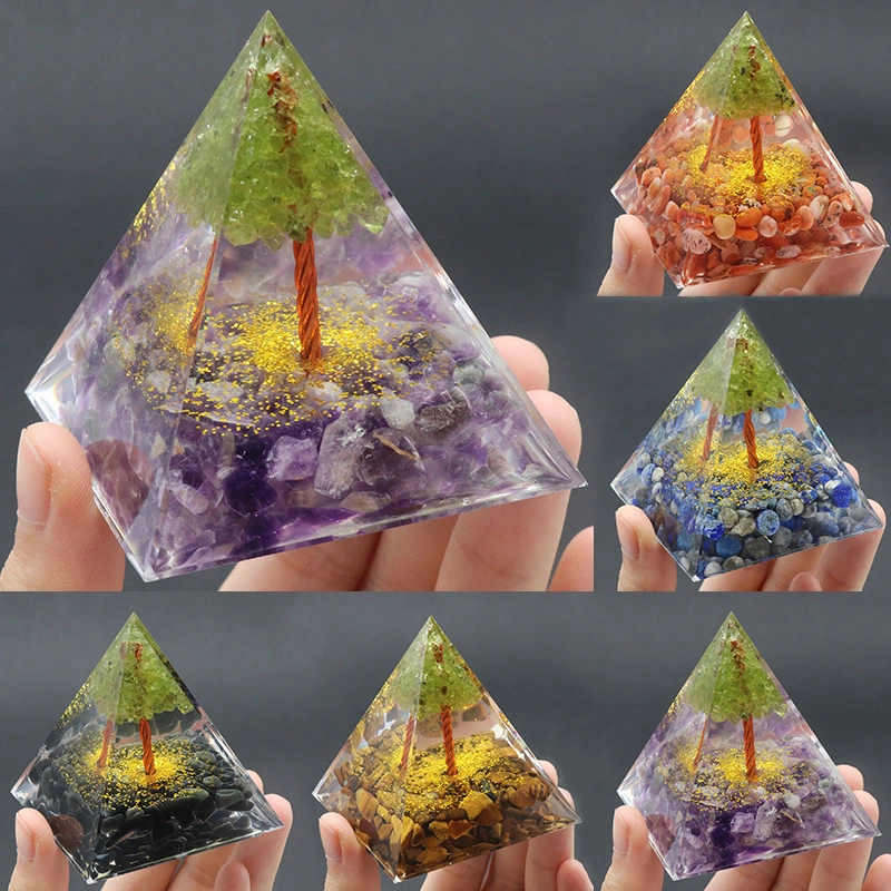 Resin Glue Wrapped Crystal Agate Gravel Tree Of Life Pyramid Ornament