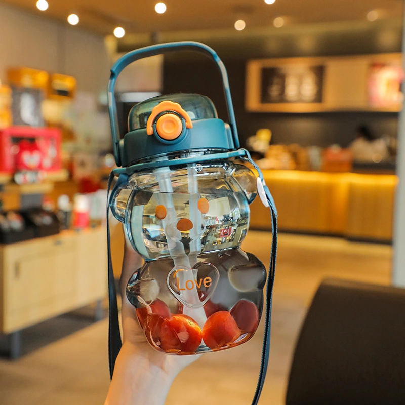 Internet Celebrity Bear Water Cup Summer Student Cute Personality Double Drink Large Capacity Plastic Cup With Straw