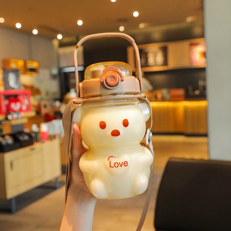 Internet Celebrity Bear Water Cup Summer Student Cute Personality Double Drink Large Capacity Plastic Cup With Straw