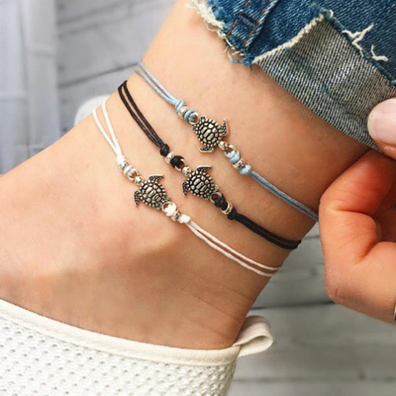 European And American Hemp Rope Multi-layer Turtle Anklet Hand-woven Antique Silver Turtle Beach Anklet Bracelet