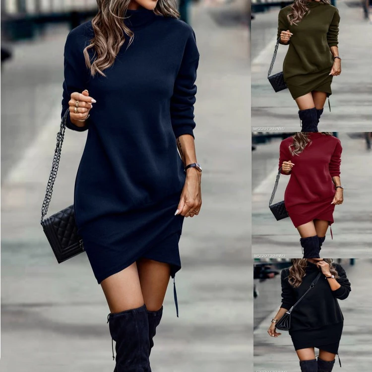 Autumn And Winter European And American Solid Color New High Neck Long Sleeve Cross Hem Short Chic Dress
