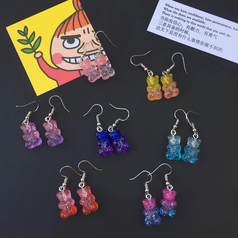 Student Colorful Bear Multicolor Niche Earrings