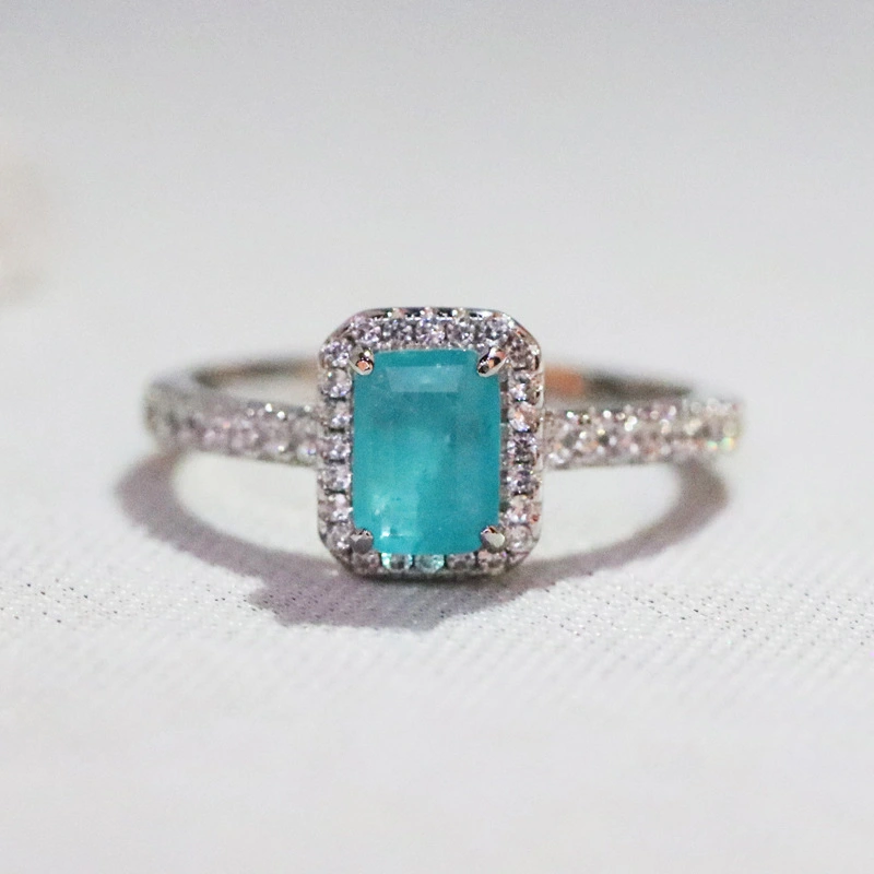 Synthetic Paraiba Crystal Stone Ring Emerald Diamond Ring