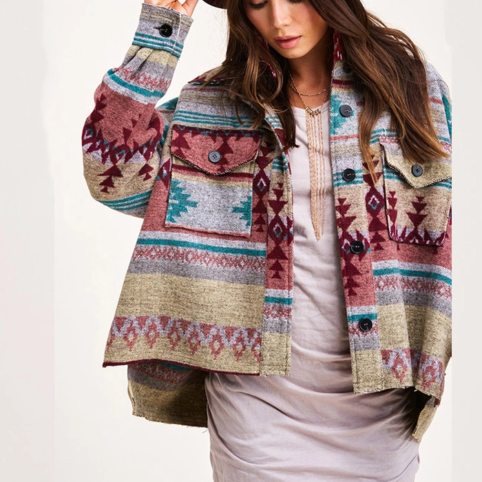 Ethnic Print Wool Long Sleeve Straight Jacket