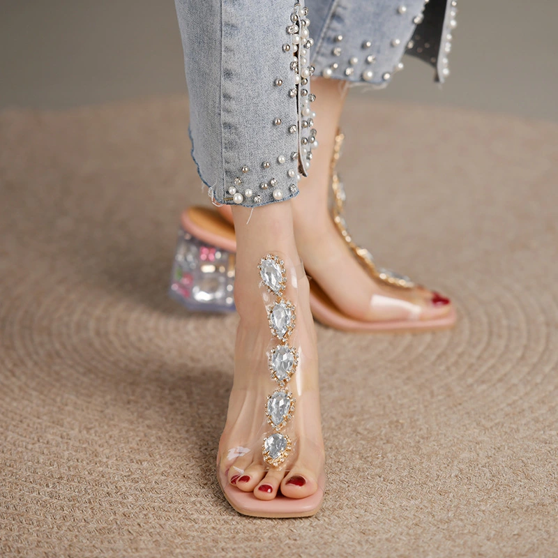 Fashion Women's Rhinestone Chunky High Heel Sandals