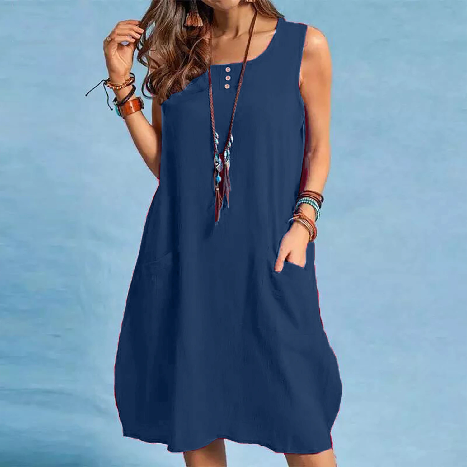 Women's Cotton Linen Loose Casual Solid Color Pocket Dress