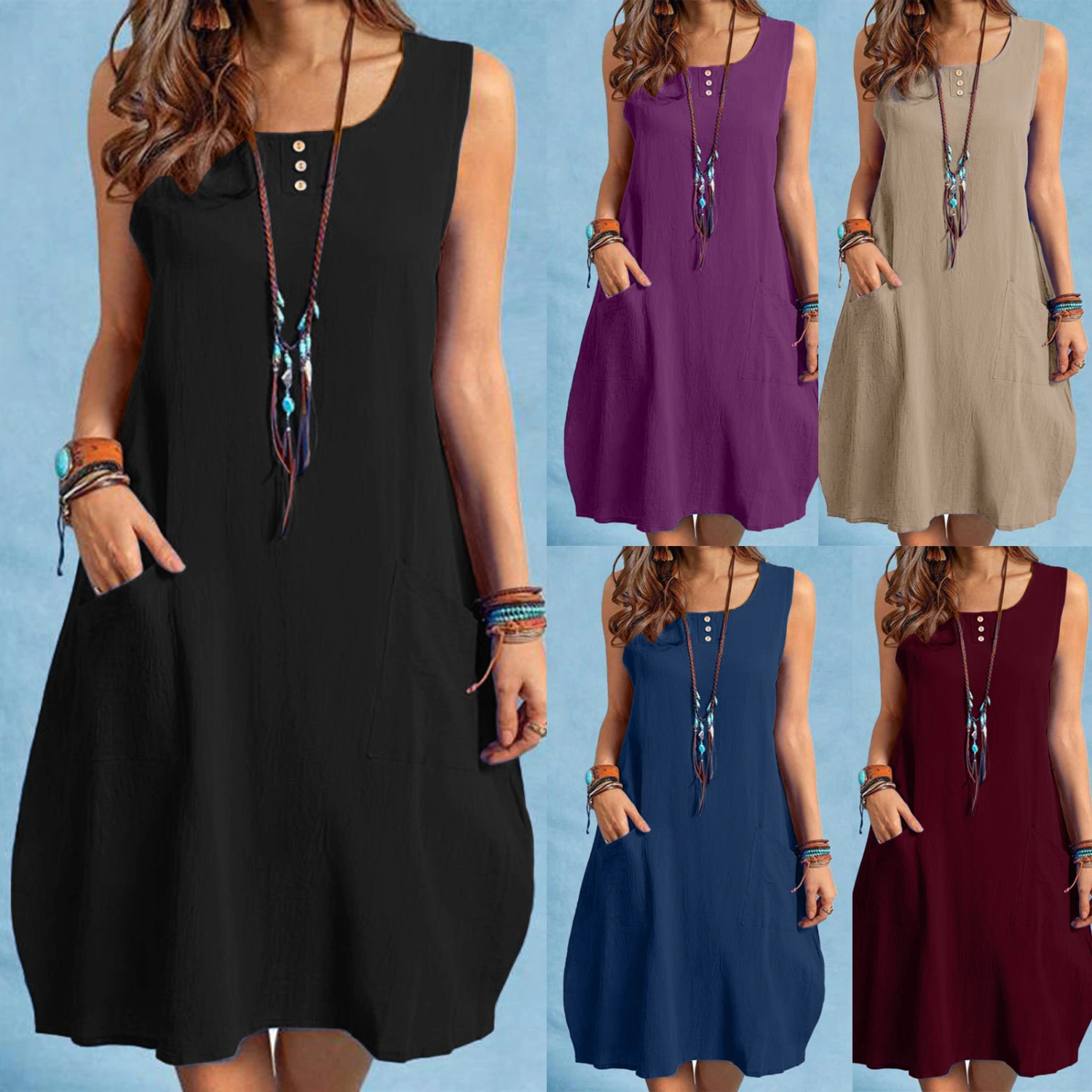 Women's Cotton Linen Loose Casual Solid Color Pocket Dress
