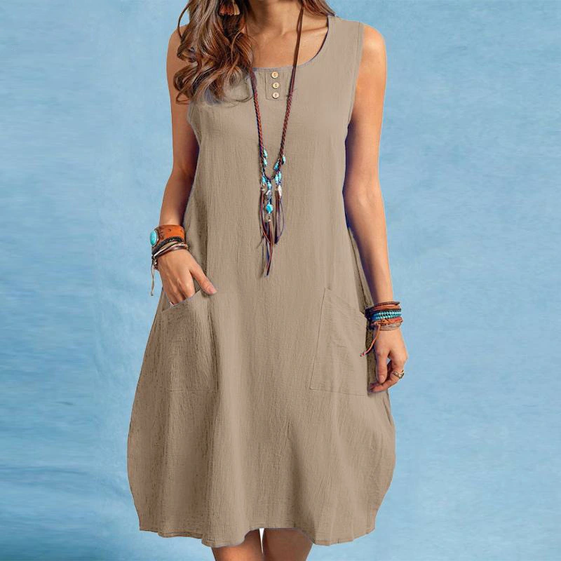 Women's Cotton Linen Loose Casual Solid Color Pocket Dress
