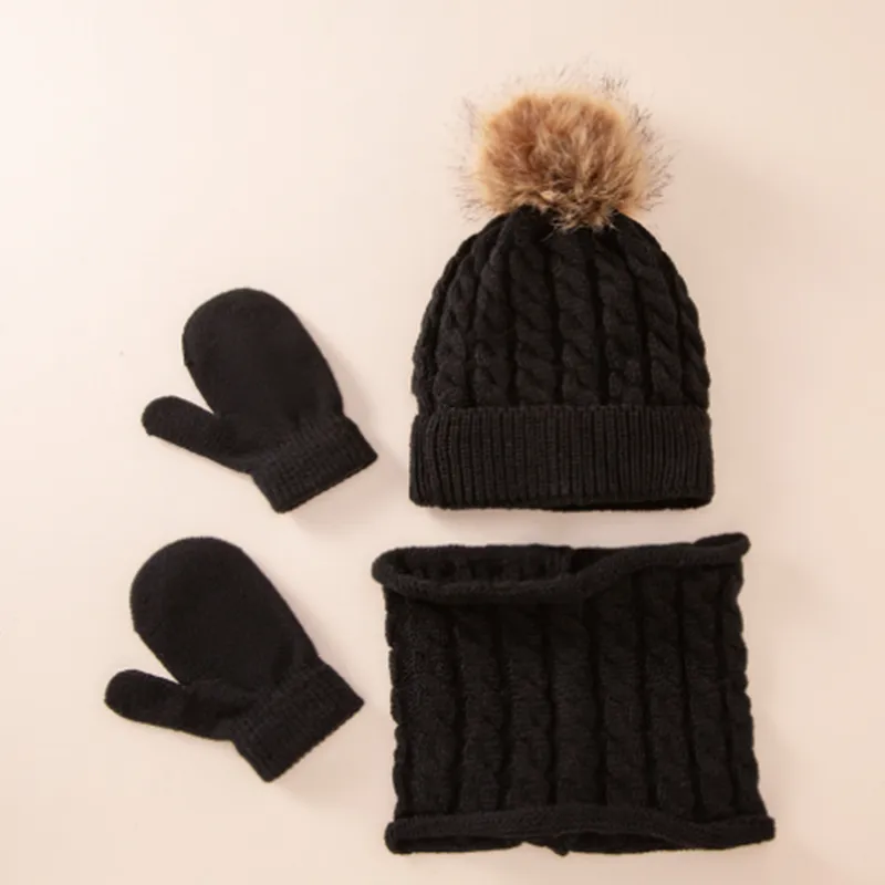 New Wool Single Color Twist Warm Children Hat Scarf Gloves