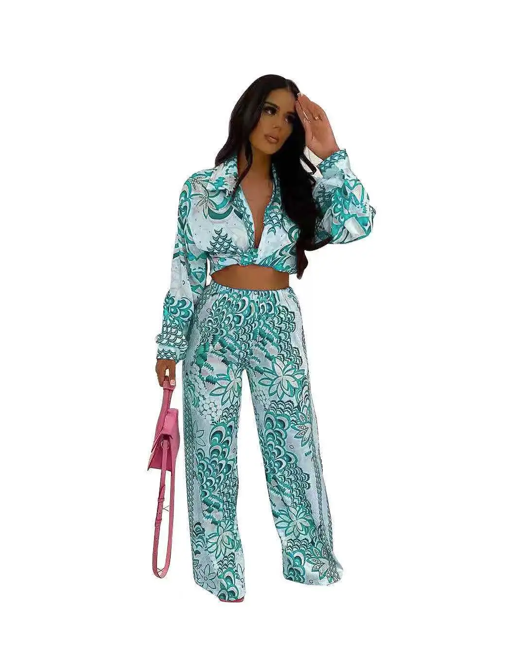 Ladies Fashion Casual Printed Belt Two Piece Set