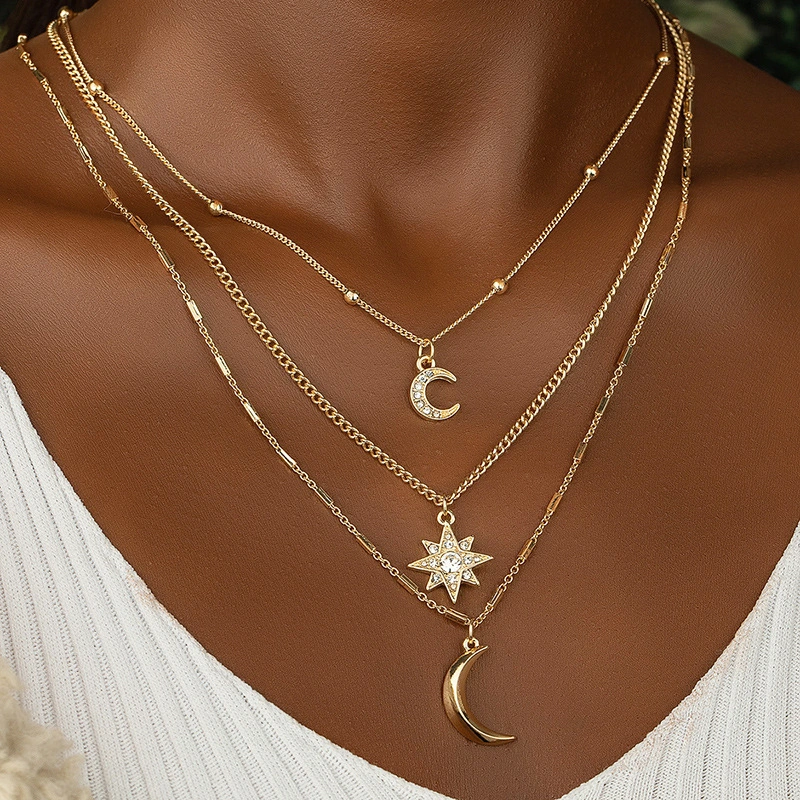 Three Layer Diamond Star And Moon Necklace