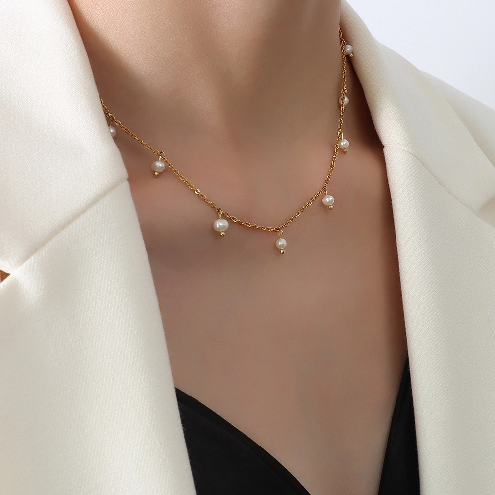 French Style All-matching Ins Simple All Match Jewelry Titanium Steel 18K Gold Plating Freshwater Pearl Necklace For Women