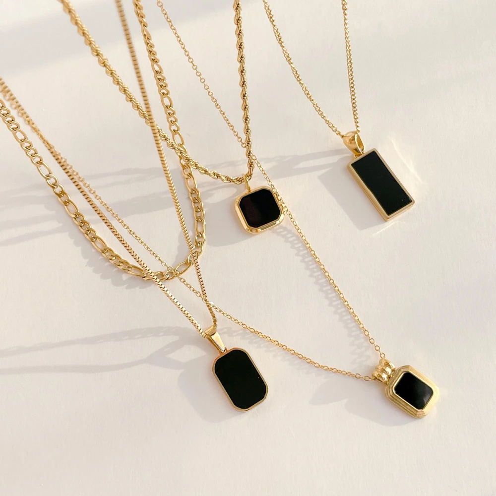 Retro Ins Cool Black Onyx Geometric Square Necklace Women