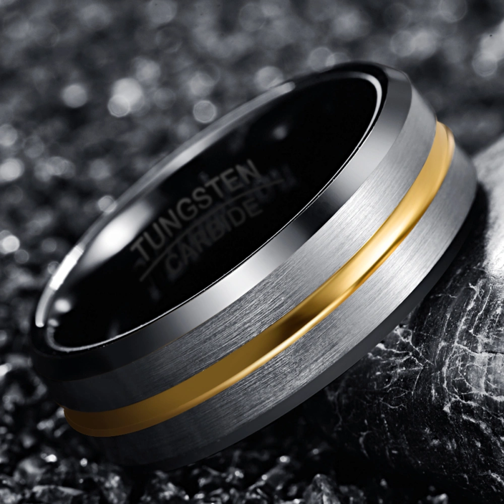 Men's Gold Channel Steel Color Frosted Tungsten Steel Ring