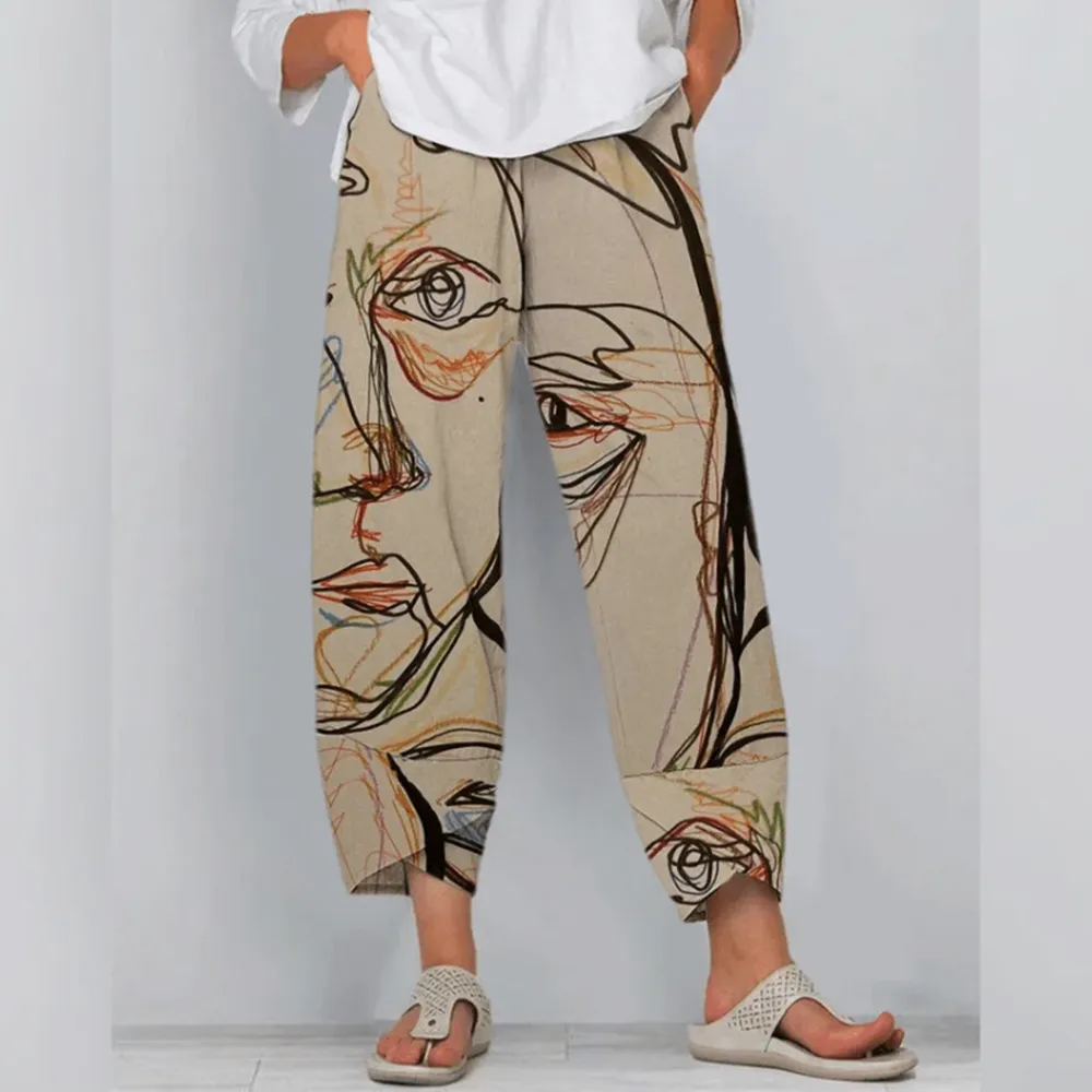 High Waist Trousers Grey Print Women's Trousers Stitching