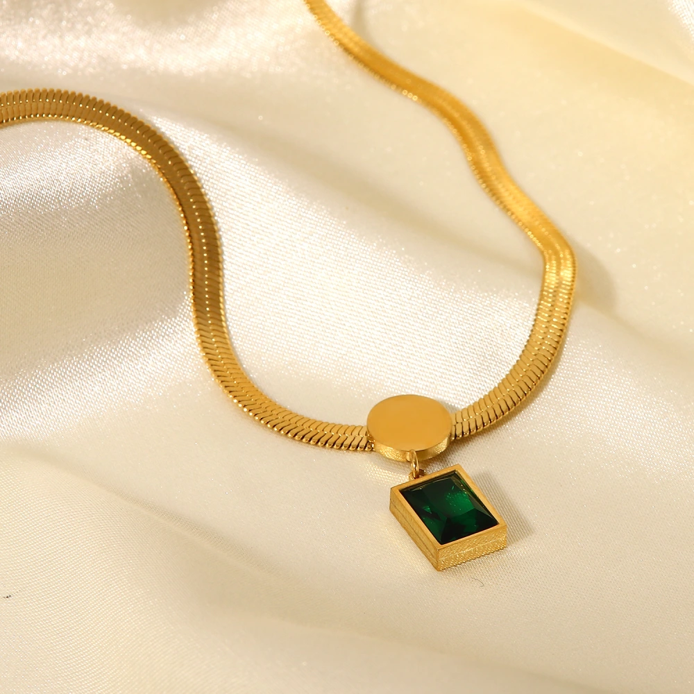 Stainless Steel Necklace Green Square Zircon Pendant Snake Chain Fashion Vintage Lady Necklace