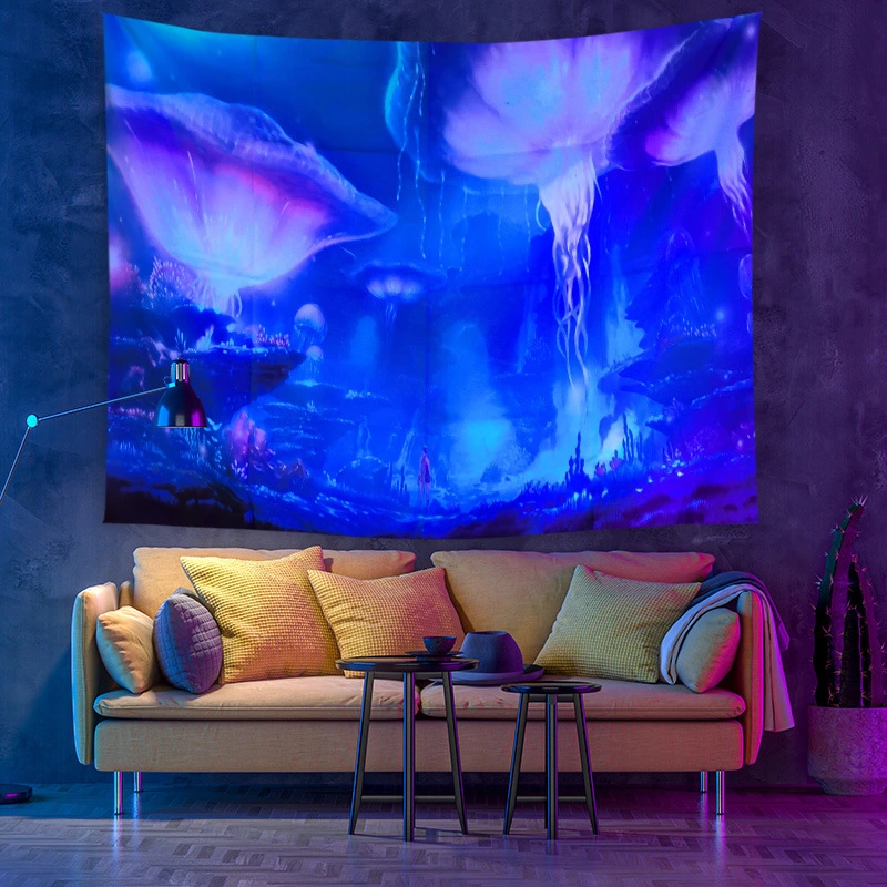 Fluorescent UV Light Seven Stars Bohemian Landscape Moon Phase Wall Hanging