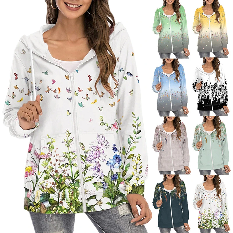 Autumn Printed Hooded Sweater Zipper Commuter Gradient Jacket Women