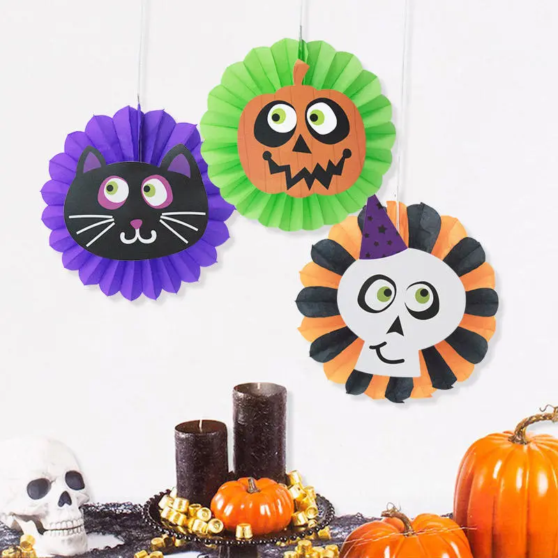 Halloween Decorative Cartoon Skull Pumpkin Colorful Paper Fan Set