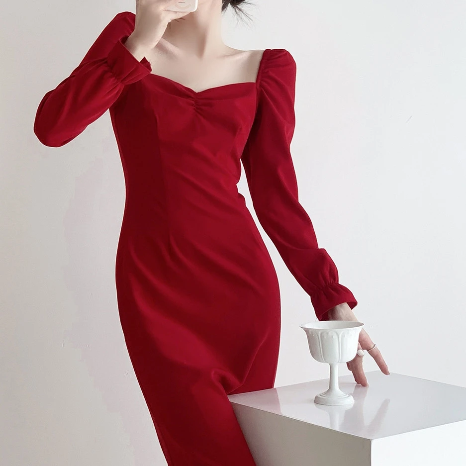 Women's Autumn Slim French Red Dress