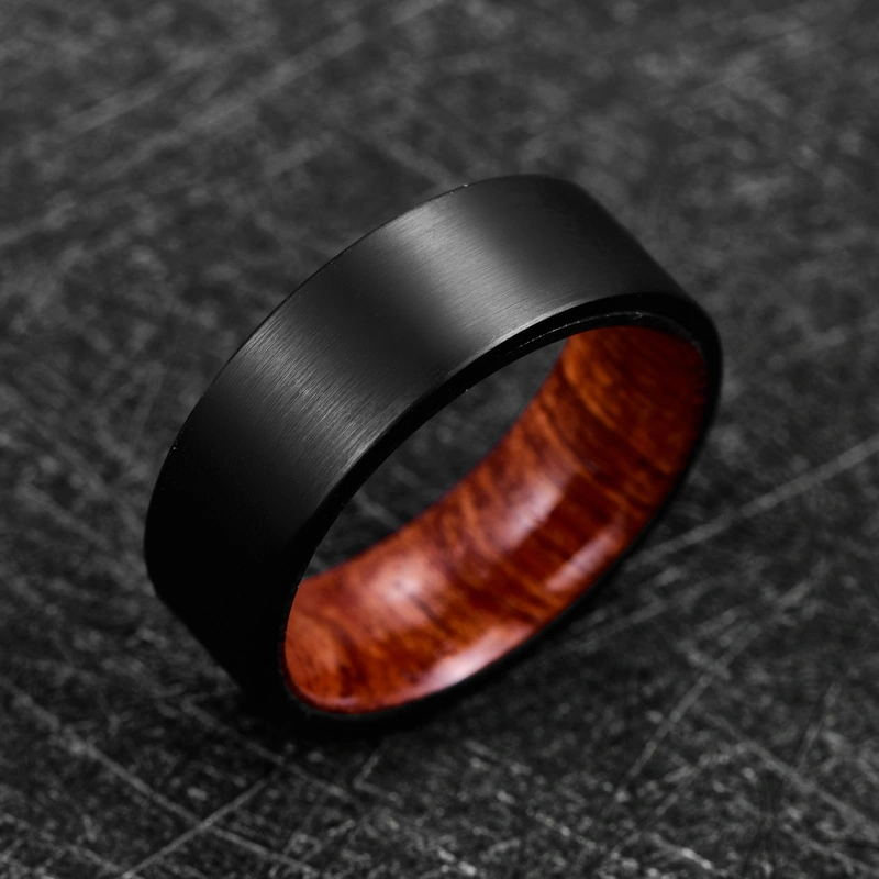 8mm Black Brushed Surface Wooden Inner Ring Men's Tungsten Steel