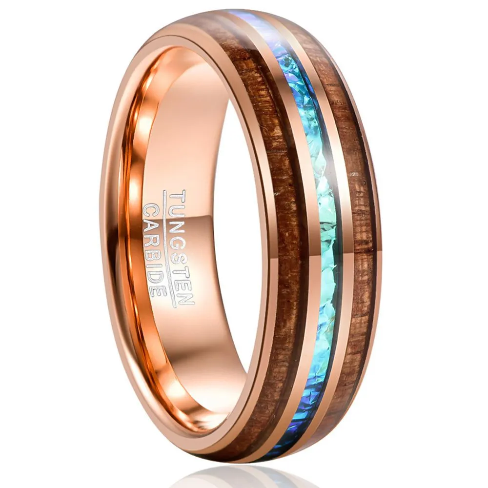 Rose Gold Inlaid Acacia Wood Opal Dome Tungsten Steel Ring
