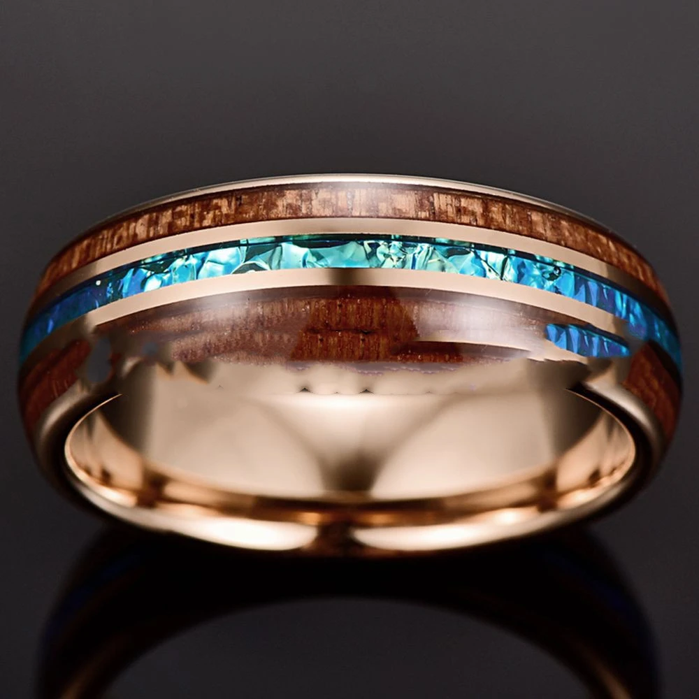 Rose Gold Inlaid Acacia Wood Opal Dome Tungsten Steel Ring