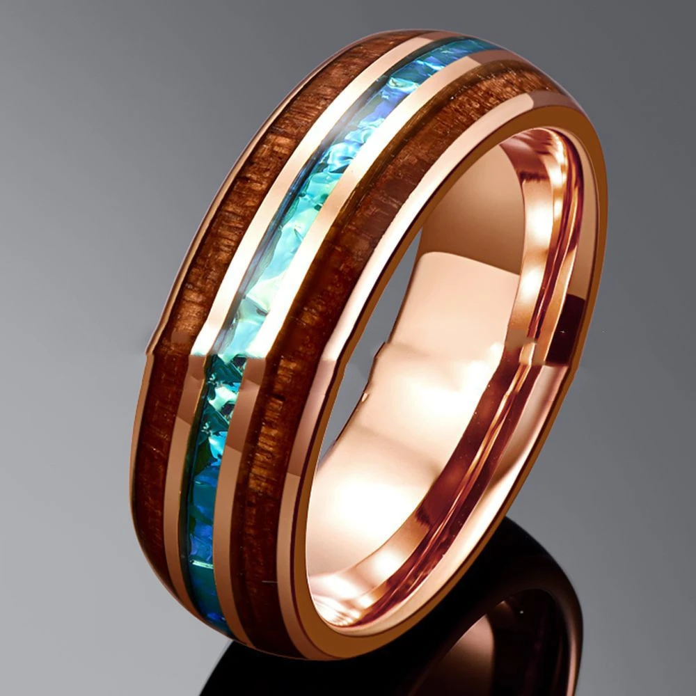 Rose Gold Inlaid Acacia Wood Opal Dome Tungsten Steel Ring