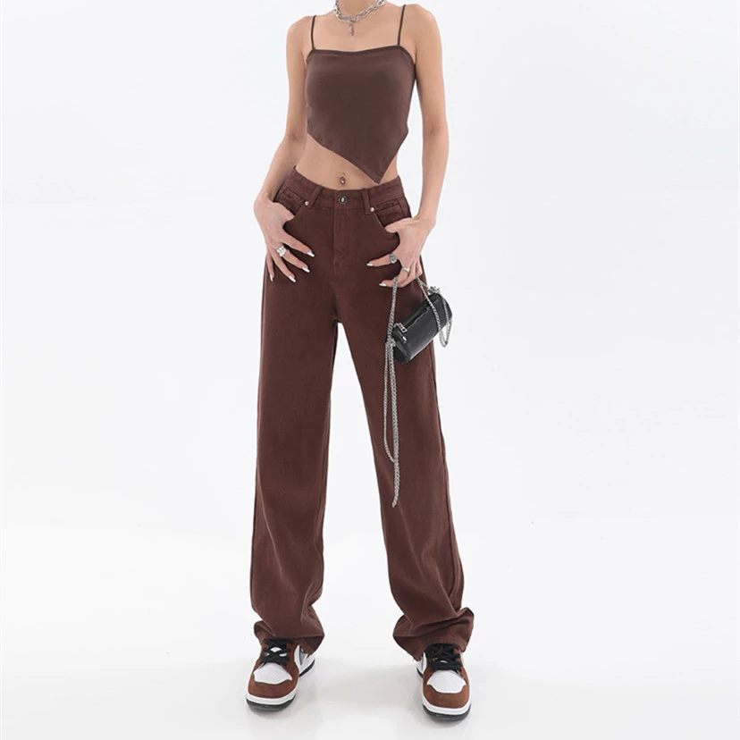 Coffee Color Design Sense Straight High Street Pants Trend