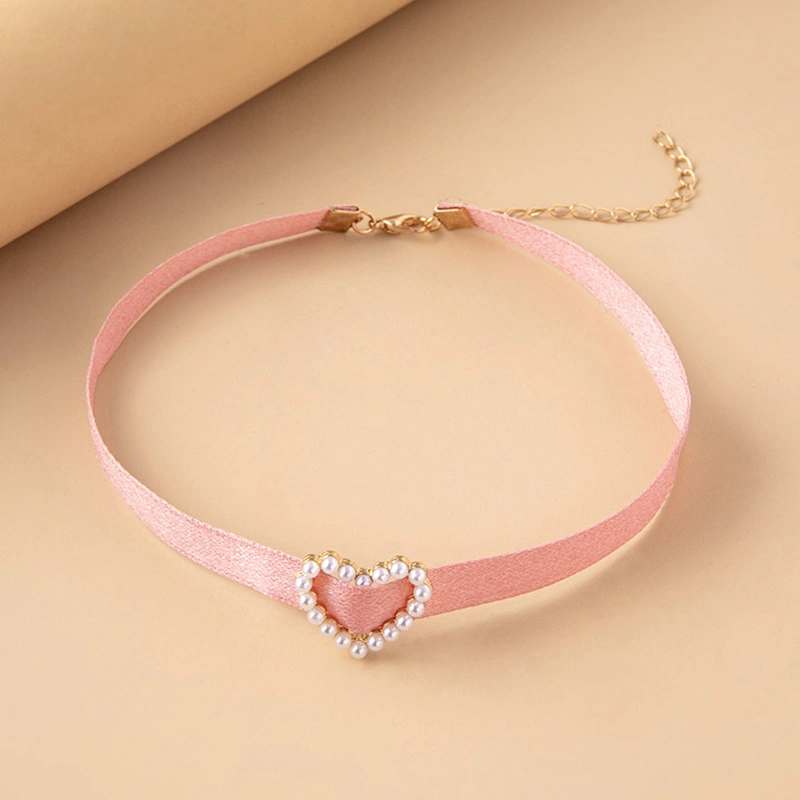 Cute Pearl Heart Charm Pink Rope Chokers Necklaces