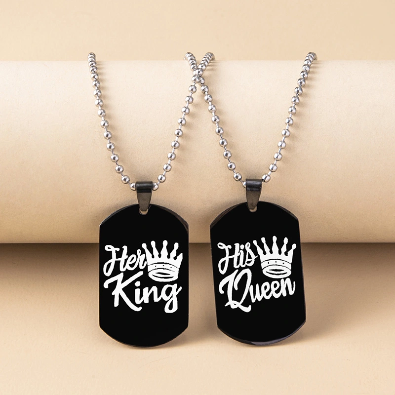 Hip Hop Her King His Queen Stainless Steel Dog Tags Couple Necklaces