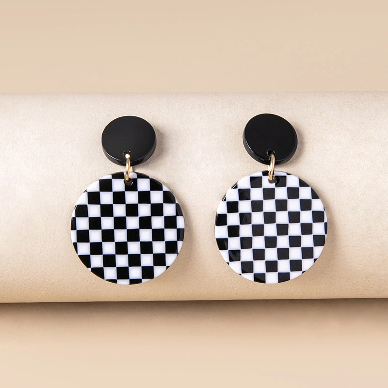 Black White Chequered Print Round Acrylic Pendant Drop Earrings For Women