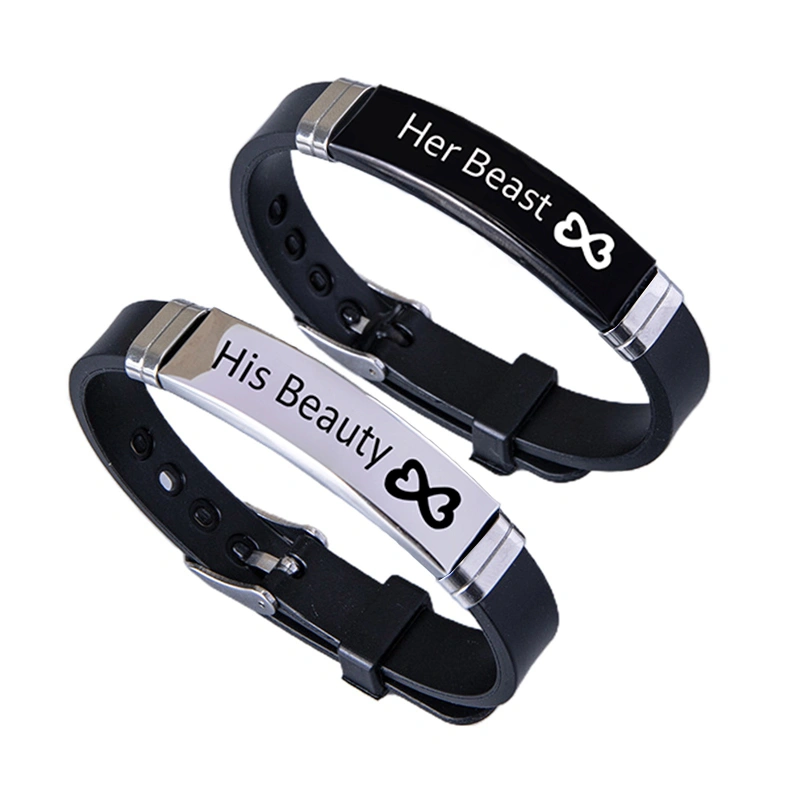 Her Beast His Beauty Couple Bracelet Love Heart Infinity Stainless Steel Silicone Bangle