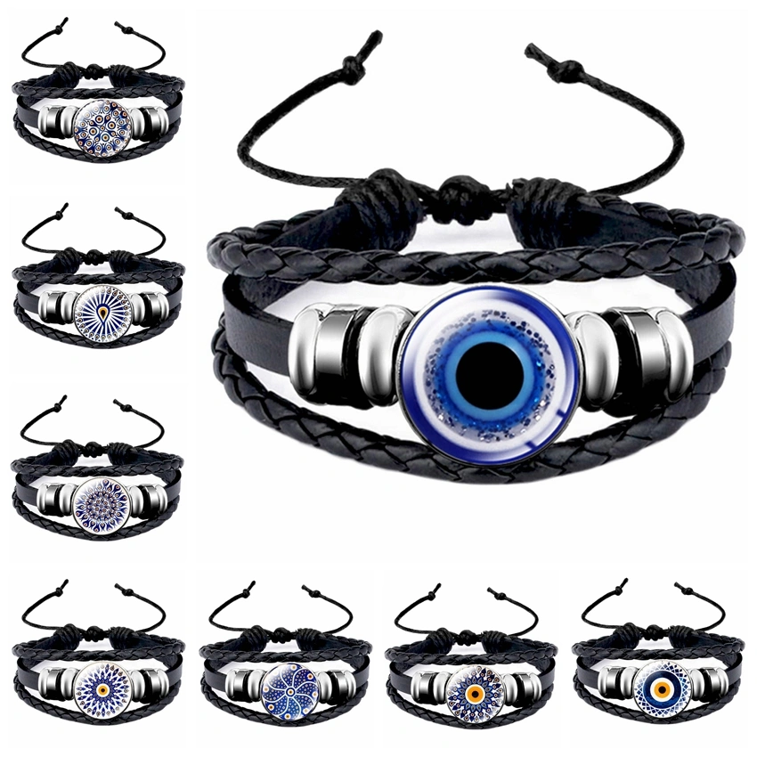 Turkish Blue Eye Glass Snap Button Leather Rope Chain Bracelet