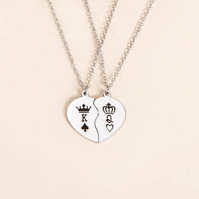 Stainless Steel King Queen Broken Heart Pendant Couple Necklaces