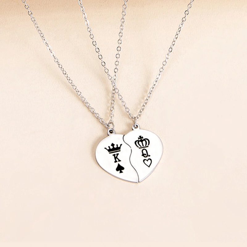 Stainless Steel King Queen Broken Heart Pendant Couple Necklaces