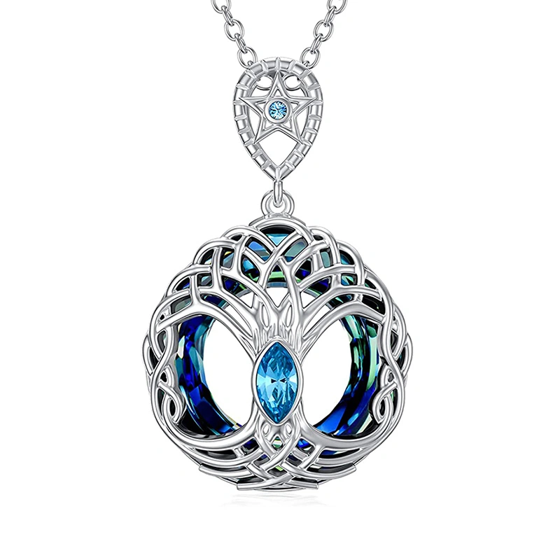 Celtic Tree Of Life Pendant Necklace Blue Circle Crystal Crann Bethadh Necklace