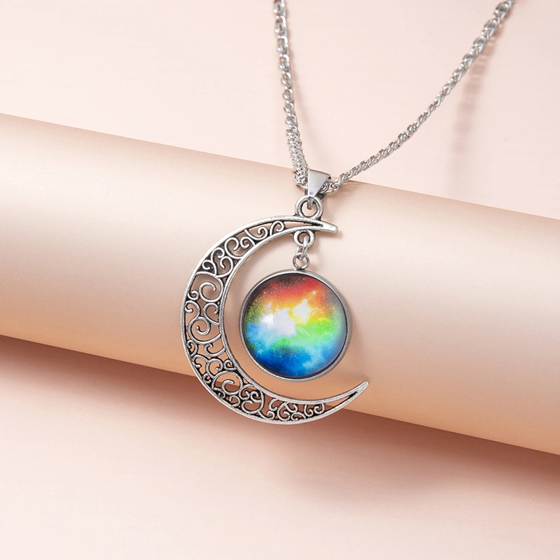 Galaxy Planet Star Glass Necklace Silver Hollow Moon Pendant Statement Necklaces For Women