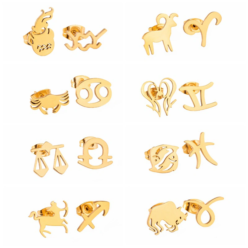 Gold Stainless Steel Constellations Zodiac Sign Asymmetric Earrings