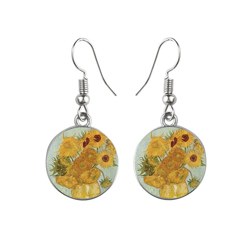 Van Gogh Starry Night Sunflowers The Kiss Oil Painting Glass Pendant Earrings For Women Girls