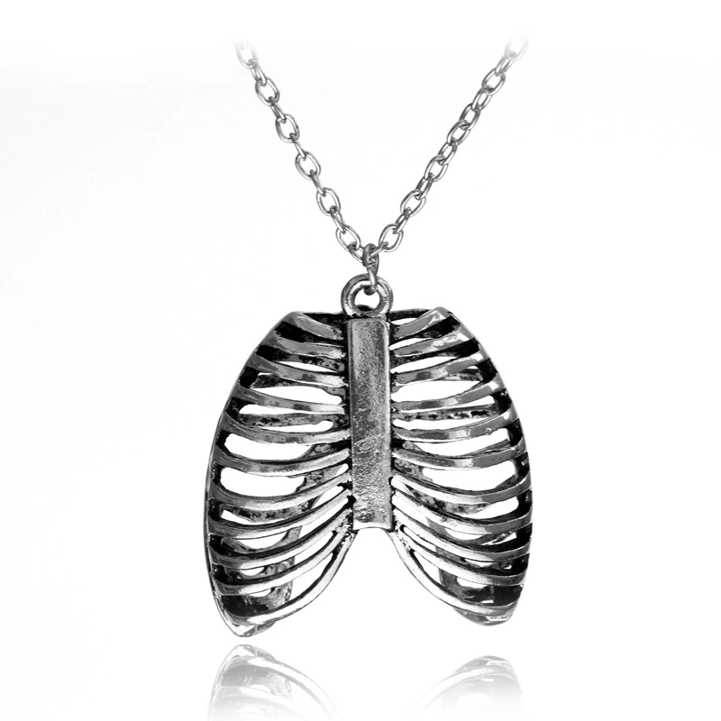 Punk Human Thoracic Skeleton Pendant Necklace Vintage Antique Gold Silver Ribs Necklaces For Men