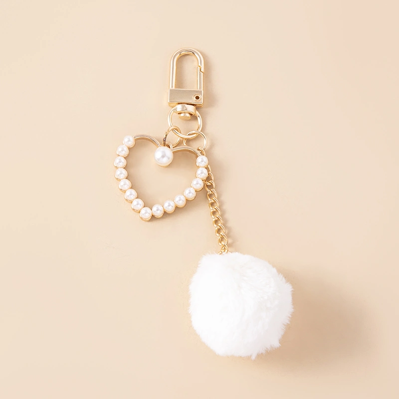 Cute White Plush Ball Keychain Fashion Pompoms Pearls Heart Charms Key Chain