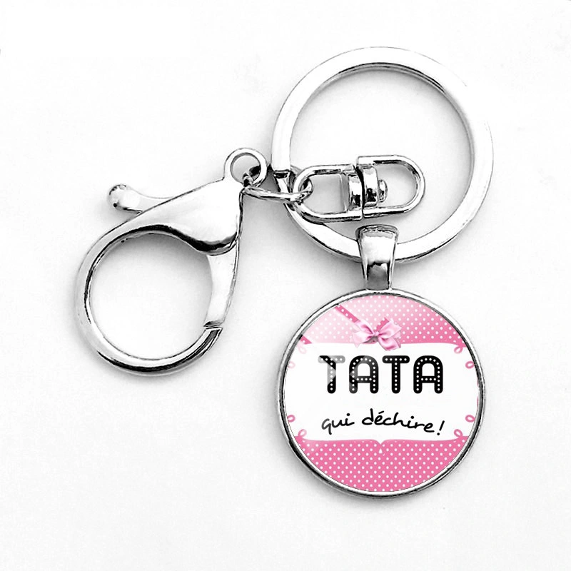 Tata Maman Mamie Qui Dechire Glass Dome Keychain With Lobster Clasp