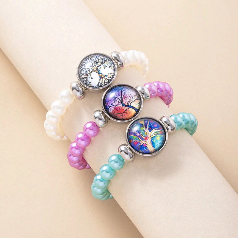 3Pcs Tree Of Life Glass Snap Button Charm Beads Elastic Bracelets For Girls Women Sisters Friends