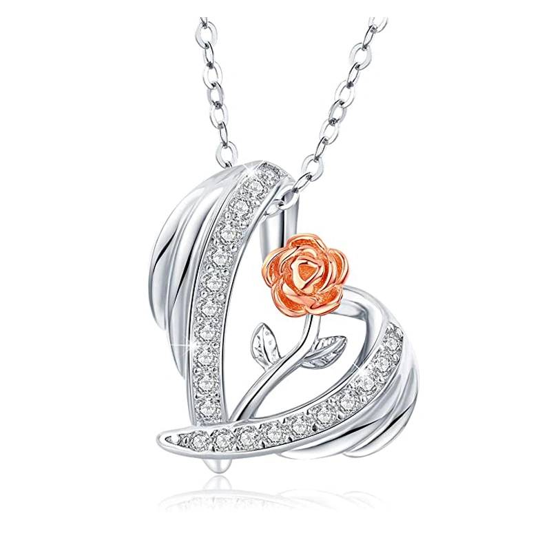 Romantic Love Heart Rose Flower Rhinestone Necklace For Women