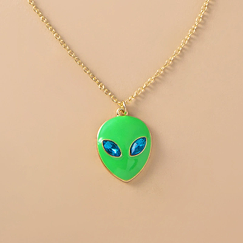 Halloween Vintage Enamel Alien Face Pendant Necklace