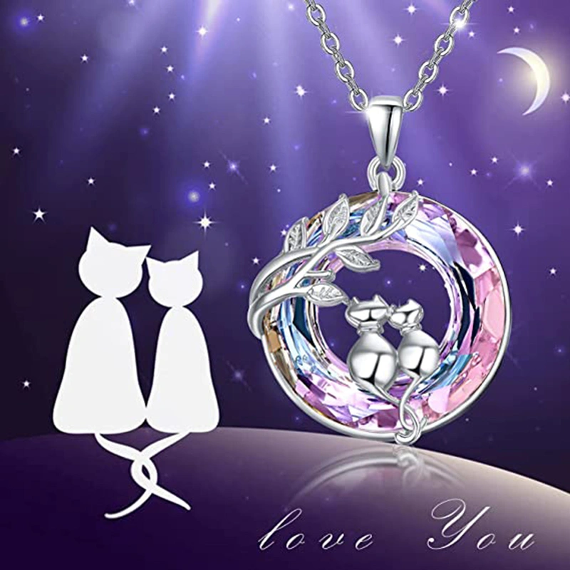 Fashion Purple Crystal Cat Necklace For Women Girls Cute Kitty Kitten Pendant