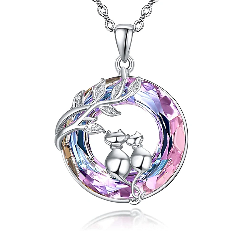 Fashion Purple Crystal Cat Necklace For Women Girls Cute Kitty Kitten Pendant