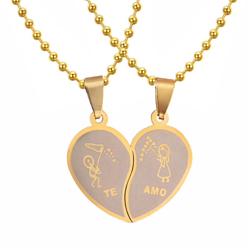 TE AMO Stick Figure Broken Heart Pendant Couple Necklace