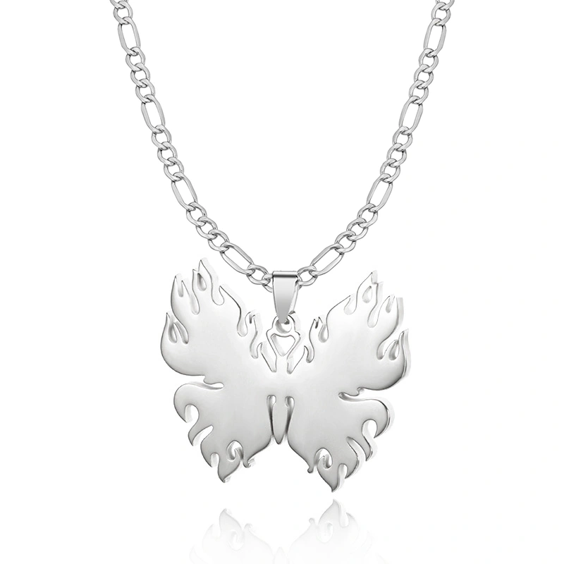 Hip Hop Stainless Steel Burning Flame Butterfly Pendant Figaro Chain Necklace